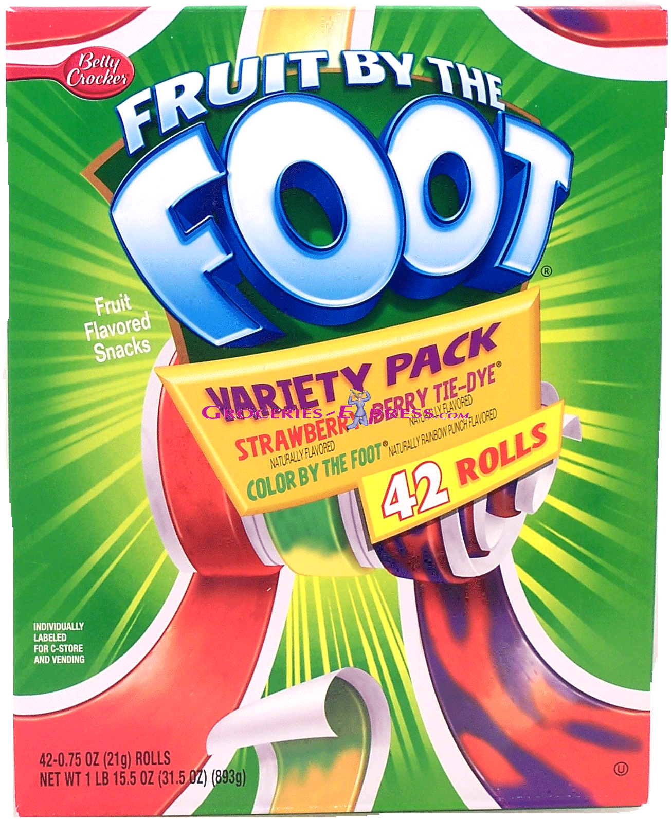 Betty Crocker Fruit By The Foot fruit flavored snack, variety pack, strawberry, berry tie-dye, color by the foot, 42-rolls Full-Size Picture